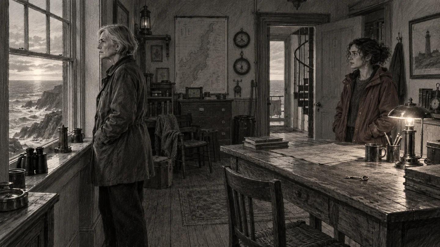 Wide from the doorway. Keep the table between Mara and Ellie; establish the window and practical.