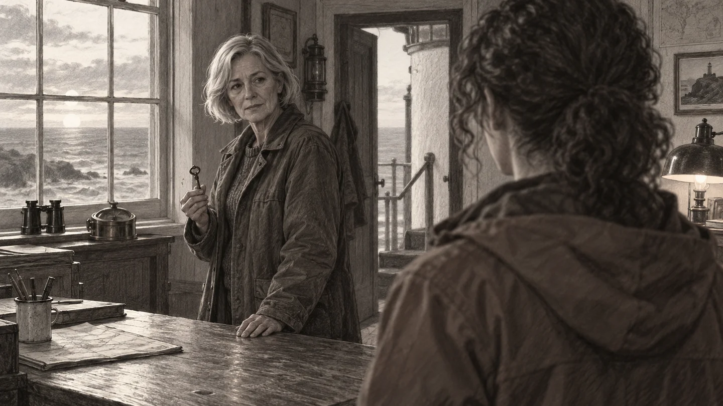 Over Ellie’s shoulder. Mara turns with the brass key. Hold the silence before her line.