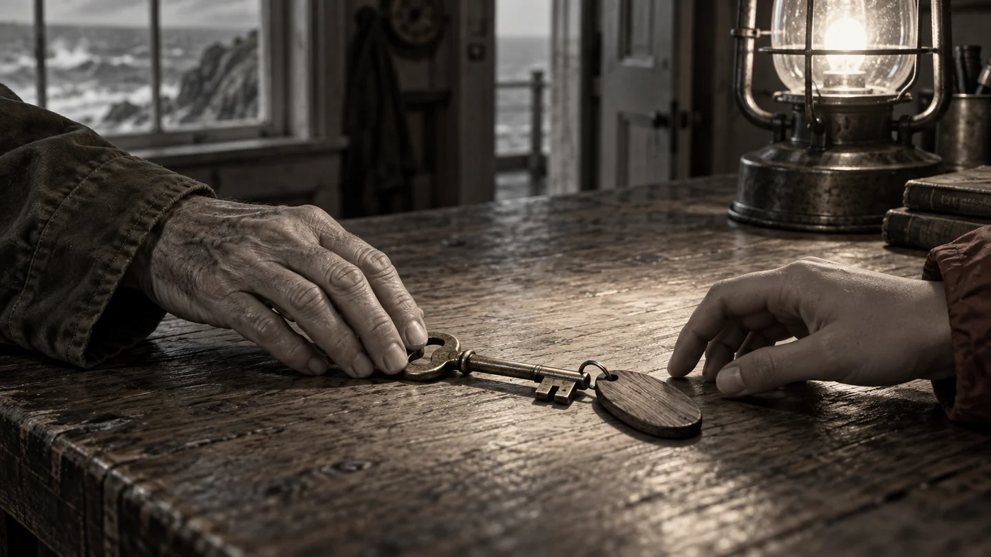 Mara lays the brass key beside the blue logbook. Ellie’s hand waits outside the pool of light.