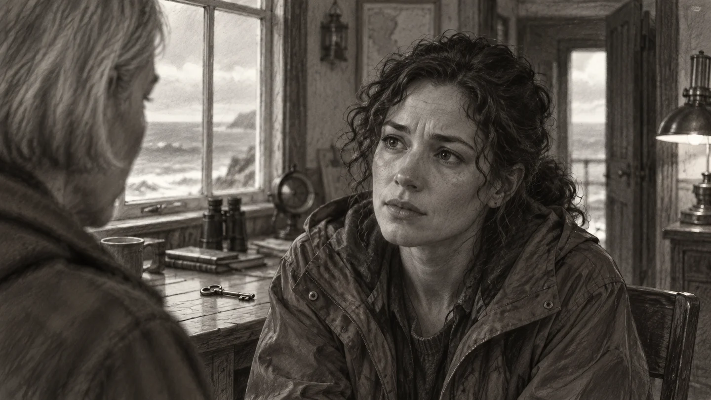 Ellie’s reaction. Favor her eye line toward Mara; let the window fall soft.