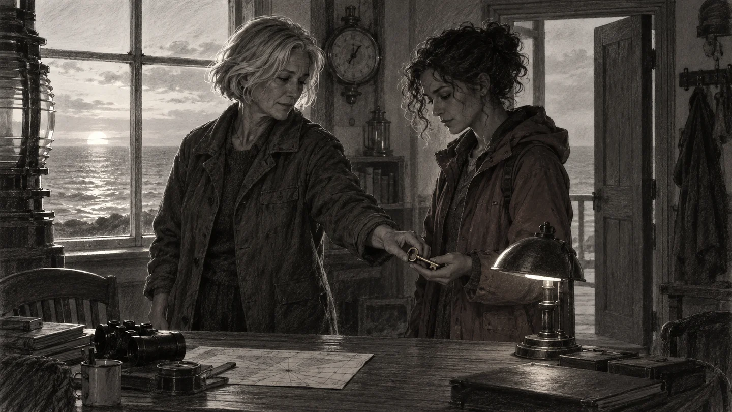 Profile two-shot. Ellie takes the key. Mara switches off the table lamp; hold the window silhouettes.